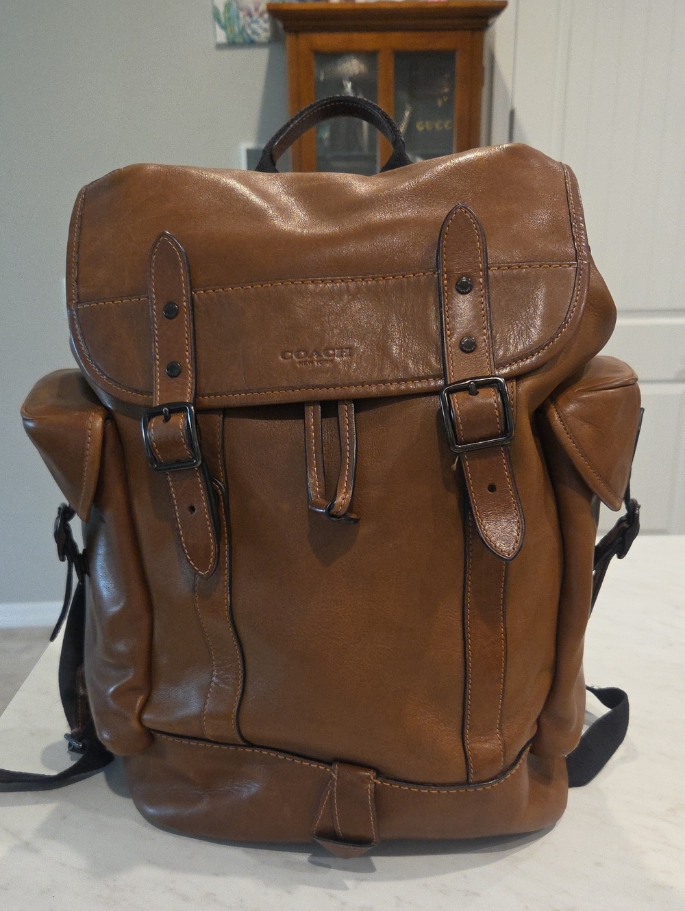 Coach Men's Tan Leather Backpack with Buckle Flap